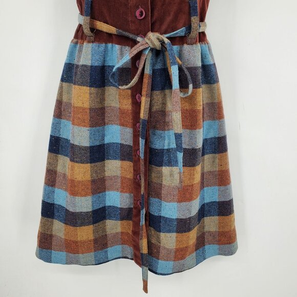 Maple Anthropologie Wool Checkerboard Plaid Velvet Trim Newsroom Jumper Dress 4 - Picture 7 of 9